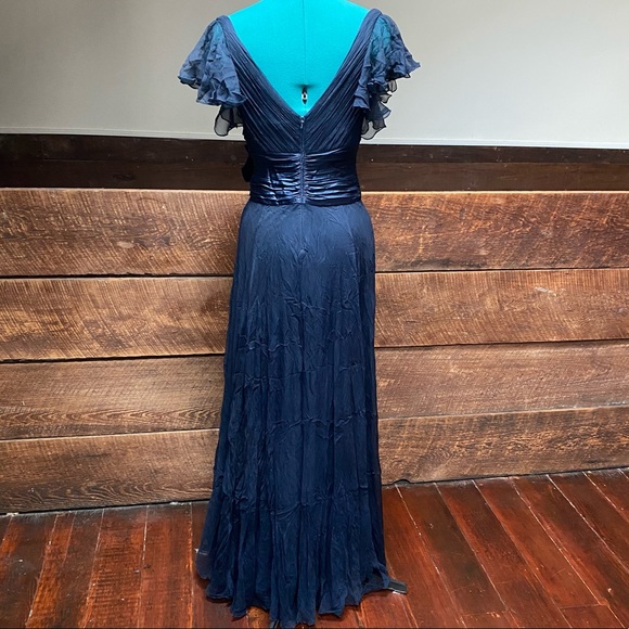 Caché Luxe Full Length Silk Gown w/ Flutter Sleeves & Brooch - Picture 7 of 16